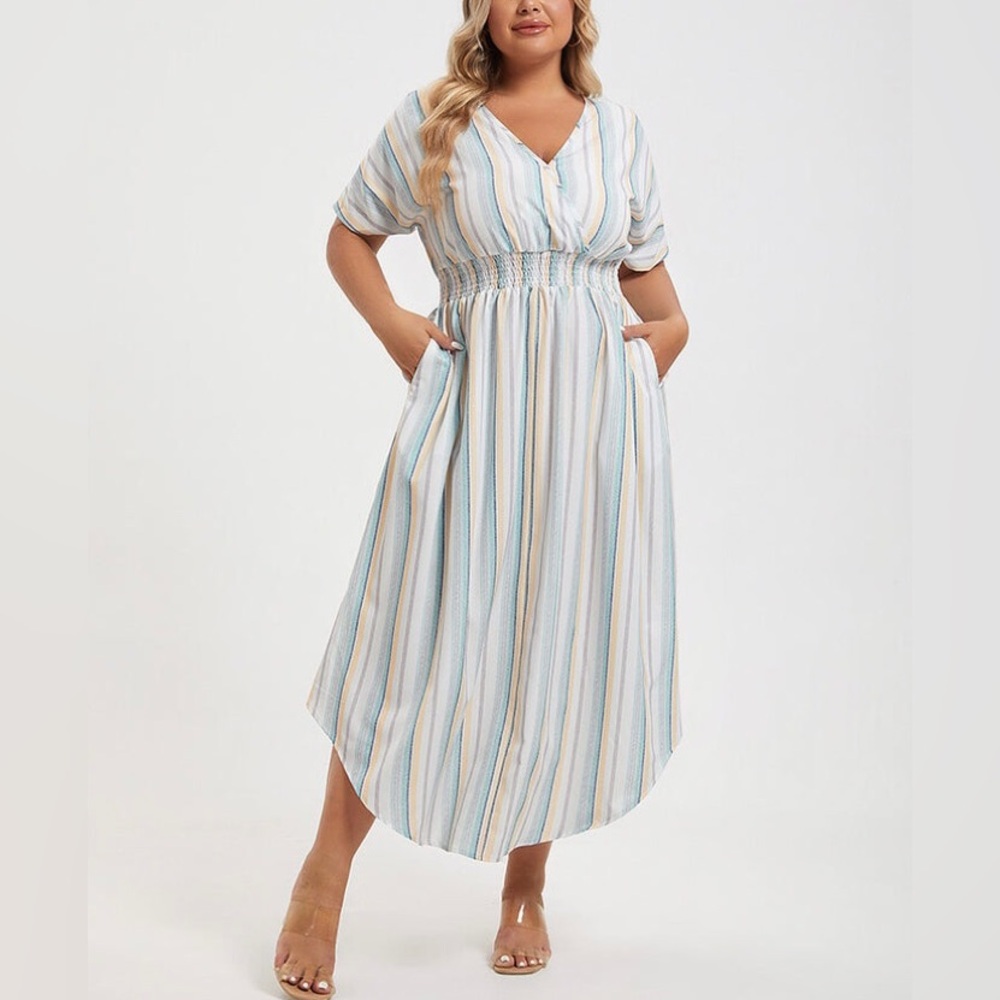 Striped Dress V-Neck Pockets Dolman Sleeve Multicolor Size 2X 🚨